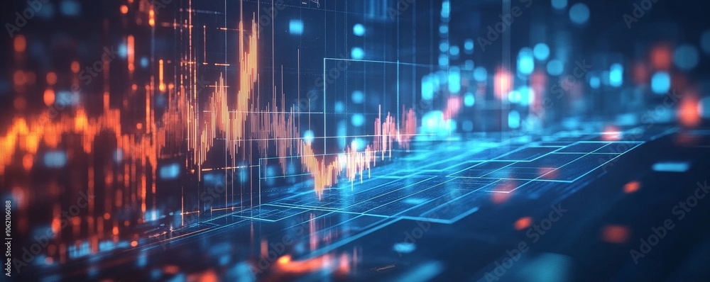 Poster abstract digital data visualization with blue and orange lines and shapes