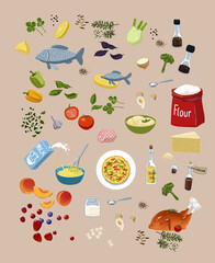 set of illustrations of food and cooking products