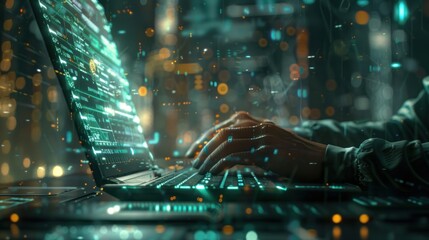 A person typing on a laptop with futuristic digital data displays overlaying the scene. The atmosphere is innovative and tech-centric, representing the future of business analytics.