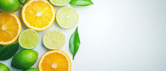  A collection of limes, oranges, and lime leaves against a pristine white backdrop, allowing ample room for text inscription
