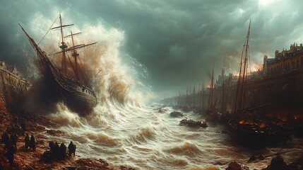 Obraz premium Ancient harbor ruins as waves thrust ships ashore and collapse piers depicting megatsunami destruction in the Bronze Age