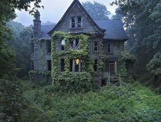 Obraz premium Grand Gothic Revival Estate with Warmly Lit Windows in Evening Light