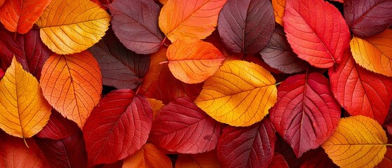 Obraz premium A tight shot of a leaf pile, featuring red, orange, yellow, and green leaves stacked atop one another