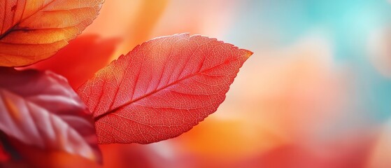  A red leaf, focused closely, atop a branch against a softly blurred backdrop of red and yellow leaves