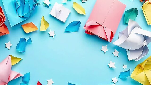 blue background with  origami paper  scattered around
