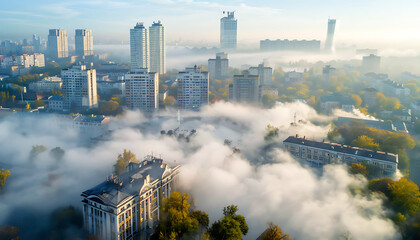 Naklejka premium Fog in cities, beautiful natural scene view of fog in the cities with landscape by AI generative.