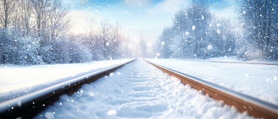 train tracks running through it, flanked by trees on each side; blue sky overhead dotted with white clouds