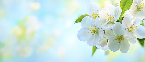 Obraz premium A tight shot of white blossoms on a tree branch against a backdrop of vivid blue sky and lush green leaves