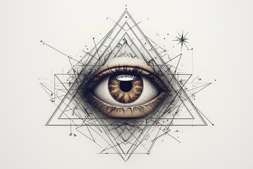 Obraz premium Enigmatic Eye Centered in Geometric Abyss on White - Intricate Eye Detail in Mysterious Surreal Composition for Graphic Design, Posters, and Artistic Projects