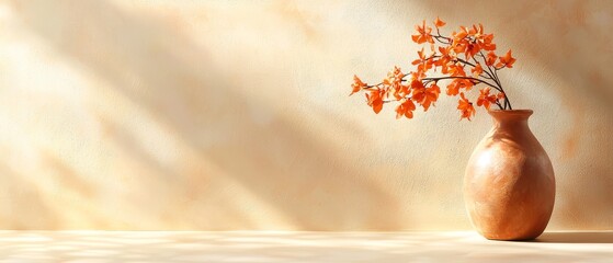  A painting of a vase filled with orange blooms and a cast wall shadow behind it