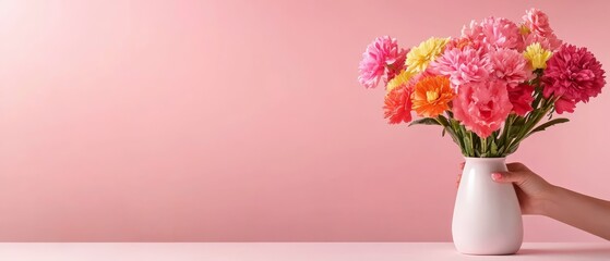  A hand holds a white vase filled with vibrant flowers against a pink backdrop Behind the scene, a pink wall is visible