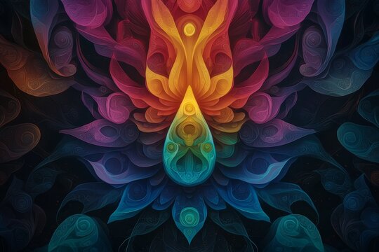 Enigmatic Teardrop Radiant Abstract Artwork with Swirling Layers on Dark Background, Mystical Aura and Spiritual Depth