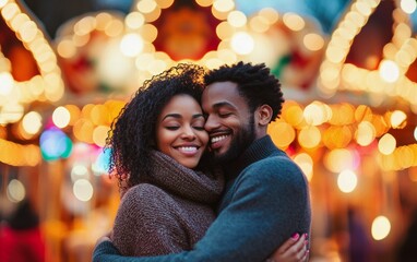 diverse couple sharing a warm romantic embrace in front of a Christmas market carousel, with colorful lights and a subtle bokeh effect, festive xmas lights and holiday season