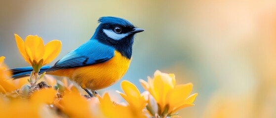  A blue-and-yellow bird perches on a yellow-and-white tree branch adorned with yellow blossoms Behind it, a backdrop of yellow flowers blooms