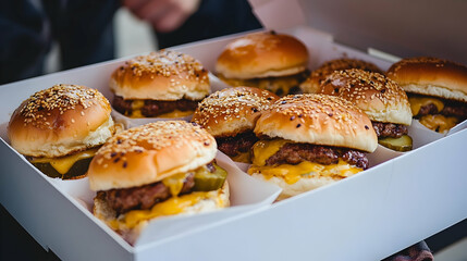 A box of sesame-topped mini cheeseburgers with juicy patties and melted cheese, perfect for a quick and tasty meal.