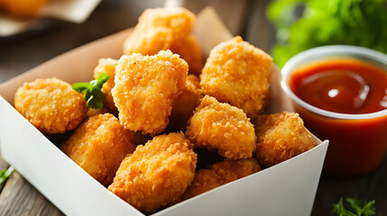 Crispy golden chicken nuggets served hot and fresh, paired with a tangy dipping sauce for the ultimate snack.