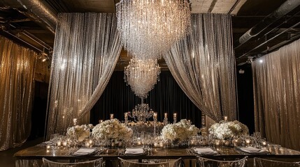 Elegant Wedding Reception with Crystal Chandeliers