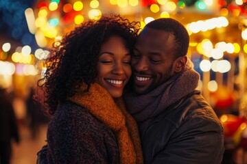 diverse couple sharing a warm romantic embrace in front of a Christmas market carousel, with colorful lights and a subtle bokeh effect, festive xmas lights and holiday season