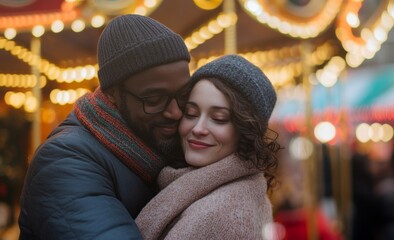 diverse couple sharing a warm romantic embrace in front of a Christmas market carousel, with colorful lights and a subtle bokeh effect, festive xmas lights and holiday season