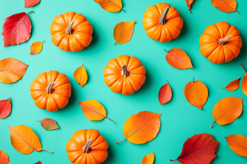 Obraz premium Colorful pumpkins and autumn leaves arranged on a bright turquoise surface