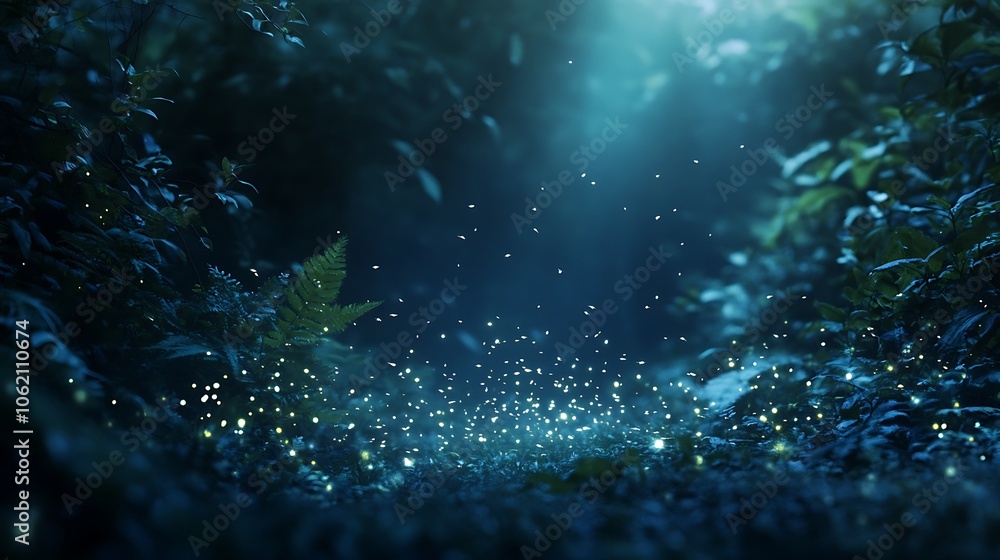 Poster a soft, glowing fireflies in a dark forest with a clear space for text