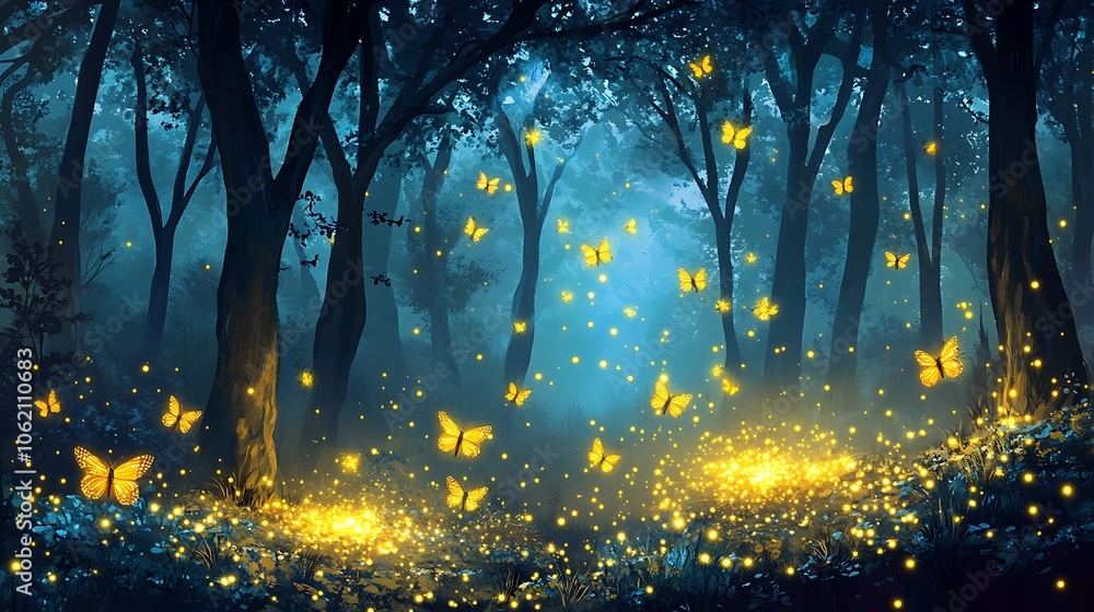 Poster a soft, glowing fireflies in a dark forest with a clear space for text