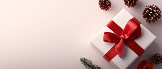  A white gift box, adorned with a red ribbon and a solitary pine cone, sits against a pink backdrop surrounded by additional pine cones