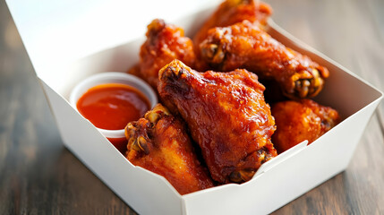 A plate of spicy buffalo wings, glazed with a tangy sauce and garnished with herbs, served with a side of dipping sauce.