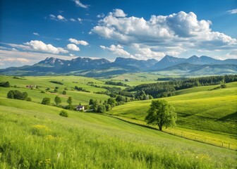 Obraz premium Lush Green Meadows and Rolling Hills Create a Serene Landscape Stretching Into the Distant Horizon