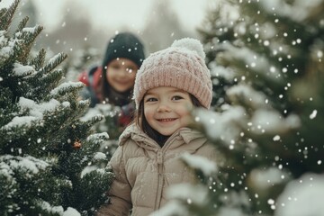 diverse family selecting and shopping for a Christmas tree at a snowy outdoor lot, bundled up in warm clothes, smiling, having quality time 