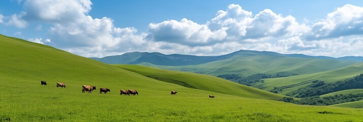 A herd of cows are grazing in a lush green field. The sky is clear and blue, with a few clouds scattered throughout. Concept of peace and tranquility, as the cows graze in the open field