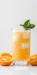 Fototapeta premium A glass of orange juice with ice cubes and a sprig of mint on top. The glass is half full and the orange slices are on the table