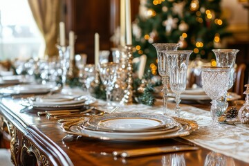 formal dining room table setting for a Christmas feast, with crystal glasses, vintage china, and opulent xmas decor