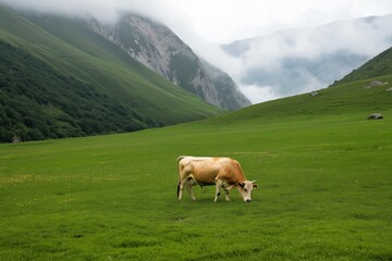 A cow is grazing in a lush green field. The scene is peaceful and serene, with the cow being the only living being in the image