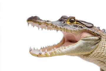 Obraz premium A crocodile's mouth is open, revealing its sharp teeth. Concept of danger and power, as the crocodile is a formidable predator. The open mouth also suggests that the crocodile is hungry