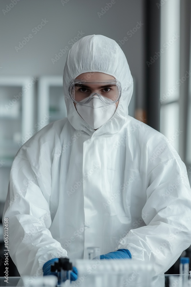 Poster a man in a white lab coat and a mask is standing in front of a table with several bottles