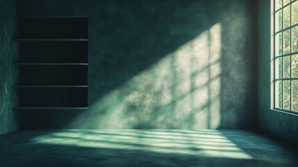 Obraz premium A dark, empty room with a green shelf in the foreground