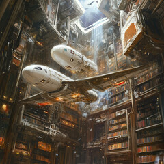 Fototapeta premium Explore the unique charm of a spaceport library, where knowledge meets the cosmos in a cozy, futuristic setting