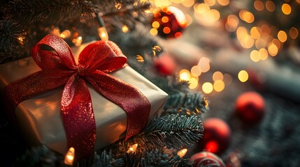 Christmas Gift Under Tree, Red Bow, Golden Lights
