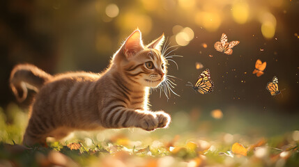 A Playful Savannah Cat Joyfully Chasing Butterflies in a Lush Meadow