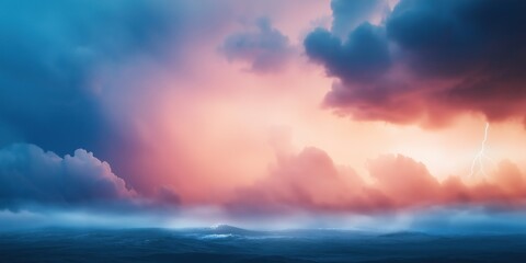 Obraz premium A stormy sky with a bright orange and pink sunset. The sky is filled with clouds and a lightning bolt can be seen