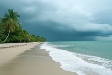 A beach with a cloudy sky in the background. The sky is dark and the water is calm
