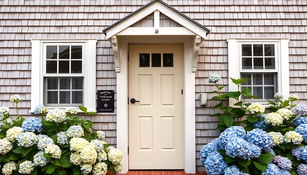 A quaint Cape Cod cottage wallpaper with shingle siding, a pastel-colored door, and surrounded by hydrangeas, capturing the coastal charm of Martha's Vineyard, Massachusetts.