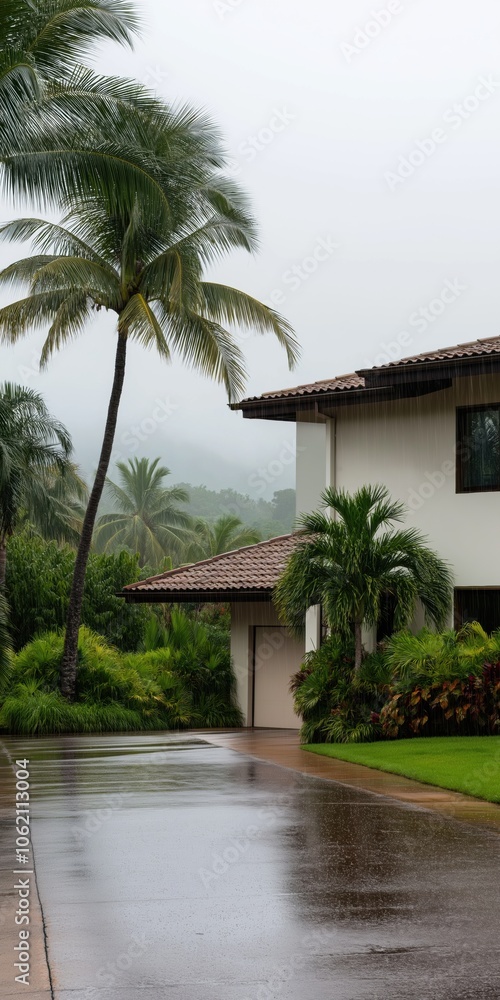 Poster a house with a roof and a palm tree in front of it. the palm tree is wet and the house is also wet