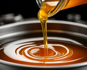 Golden Liquid Pouring into Metallic Bowl - Luxurious Close-Up of Viscous Gold Elixir in Industrial Setting