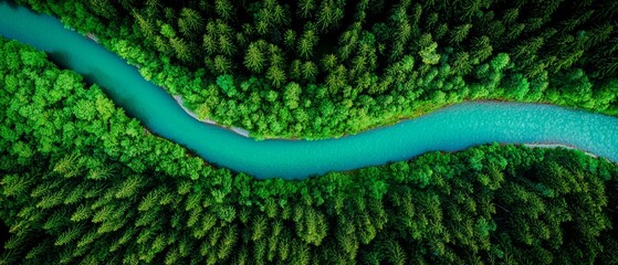  A bird's-eye perspective of a woodland landscape featuring a meandering blue river at its heart