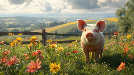 A Beautiful Duroc Pig in a Vibrant Green Pasture Surrounded by Nature and Wildflowers
