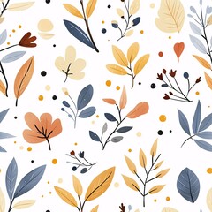 A colorful pattern featuring various leaves, flowers, and dots in autumn tones on a light background, ideal for fabrics or wallpapers.