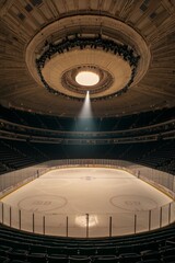 Obraz premium Grandeur of an Empty Hockey Arena Central Light Beam Illuminating Ice Rink in Symmetrical Wide-angle View - Dramatic Stadium Scene for Sports, Atmosphere, and Event Concepts