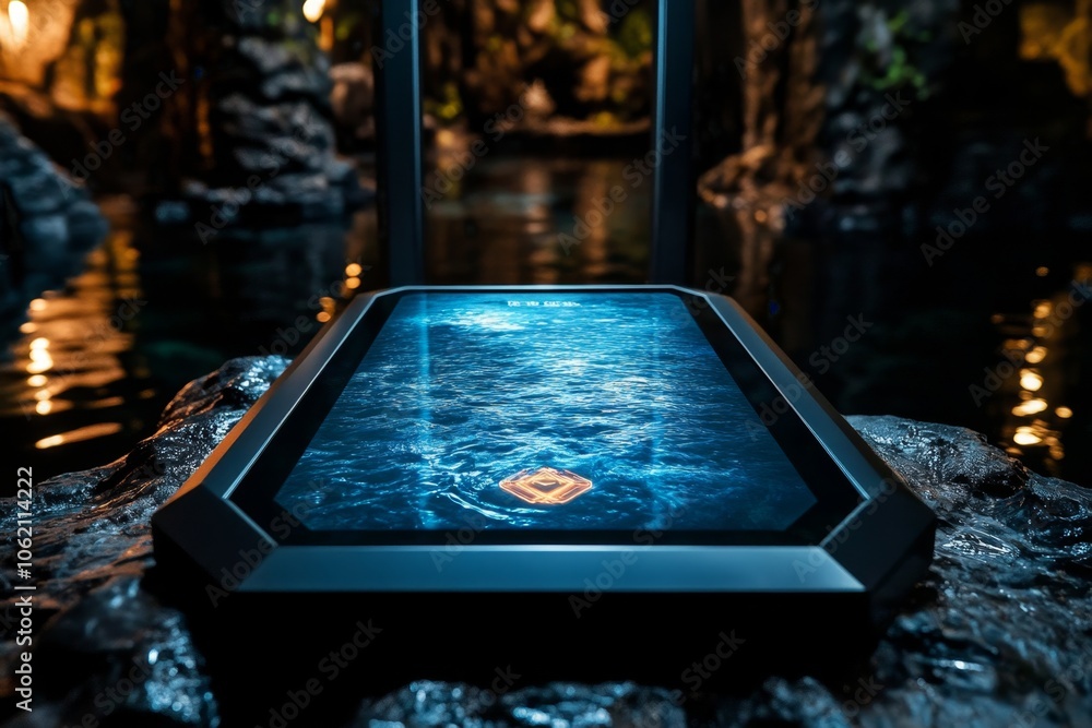 Poster Digital drainage system with holographic display showing flow direction, capturing the advanced and precise side of futuristic water control, symbolizing modernity and clarity